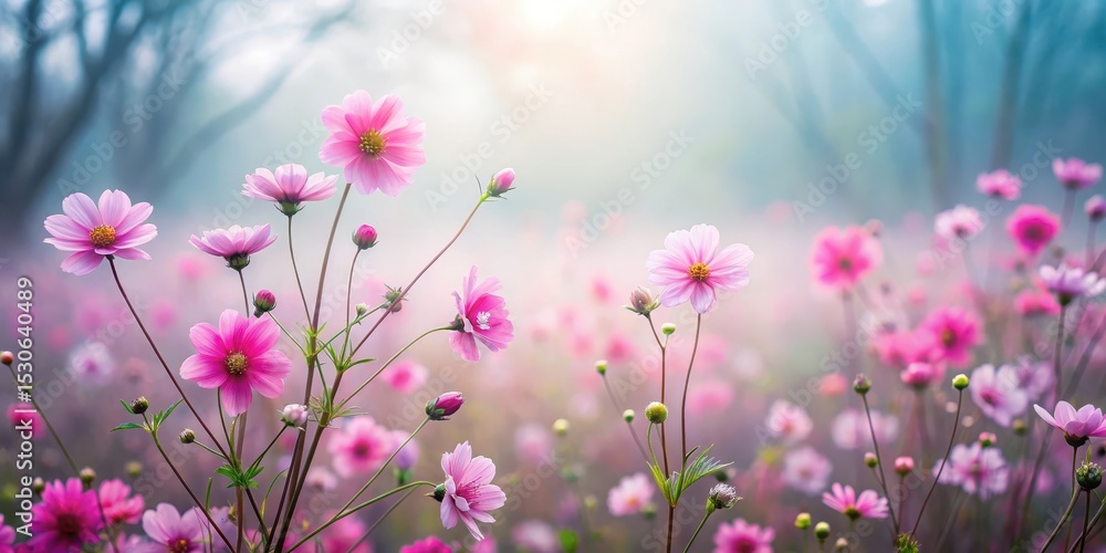 delicate pink flowers in misty foggy landscape with soft focus effect delicate pink flowers in misty foggy landscape with soft focus effect