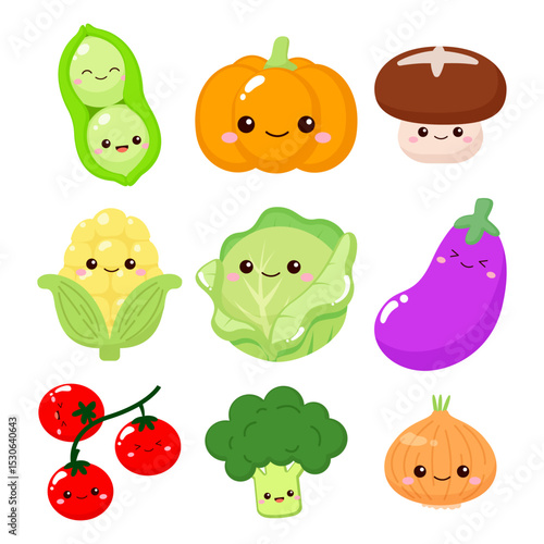 Cute vegetables design, peas, pumpkin, mushroom, eggplant, corn, onion, broccoli, tomatoes, cabbage