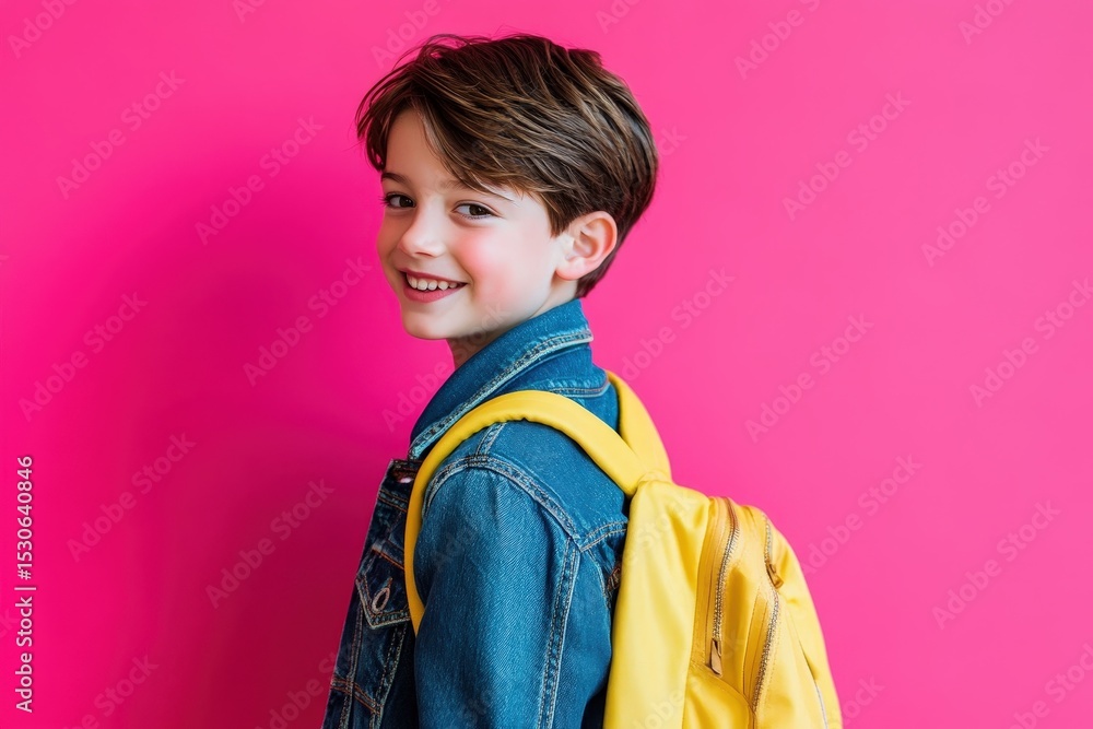 Young boy with a yellow backpack against a hot pink background. Young boy with a yellow backpack against a hot pink background.