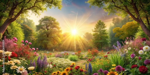 Fototapeta Naklejka Na Ścianę i Meble -  A serene celestial scene with a glowing sun at the center surrounded by vibrant flowers and trees