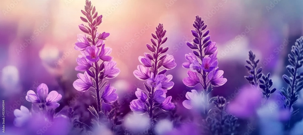 Naklejka premium Vibrant Fields of Purple Wildflowers Under a Golden Sunset, Embracing Nature s Romantic Beauty