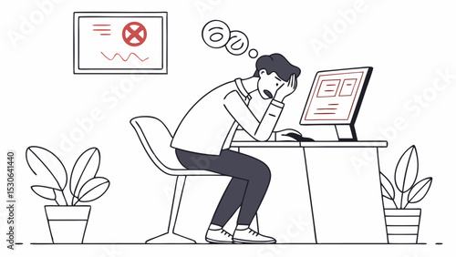 Man is stressed at his desk with a computer, plants, and a framed image on the wall in the background