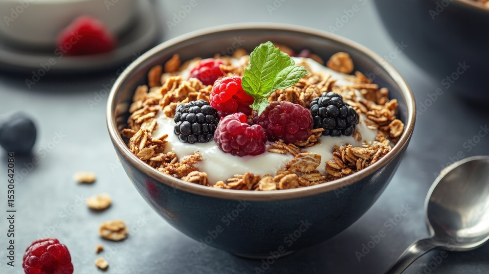 A Close Up Photo Of A Bowl Of Cereal And Berries A Close Up Photo Of A Bowl Of Cereal And Berries