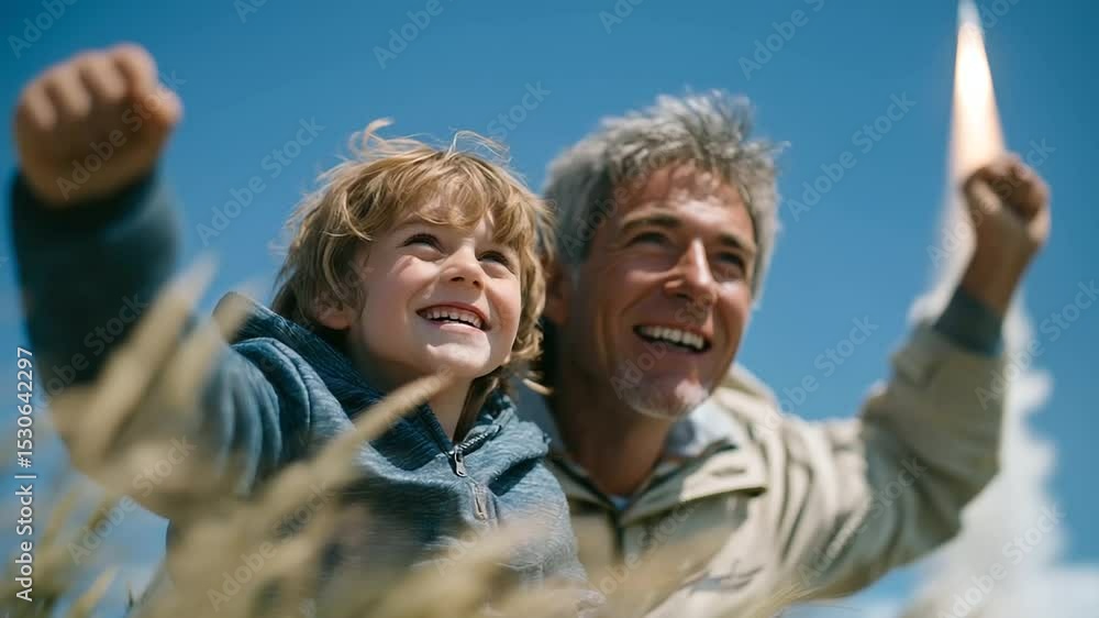 A joyful father-son duo launches a model rocket in an open field. A joyful father-son duo launches a model rocket in an open field.