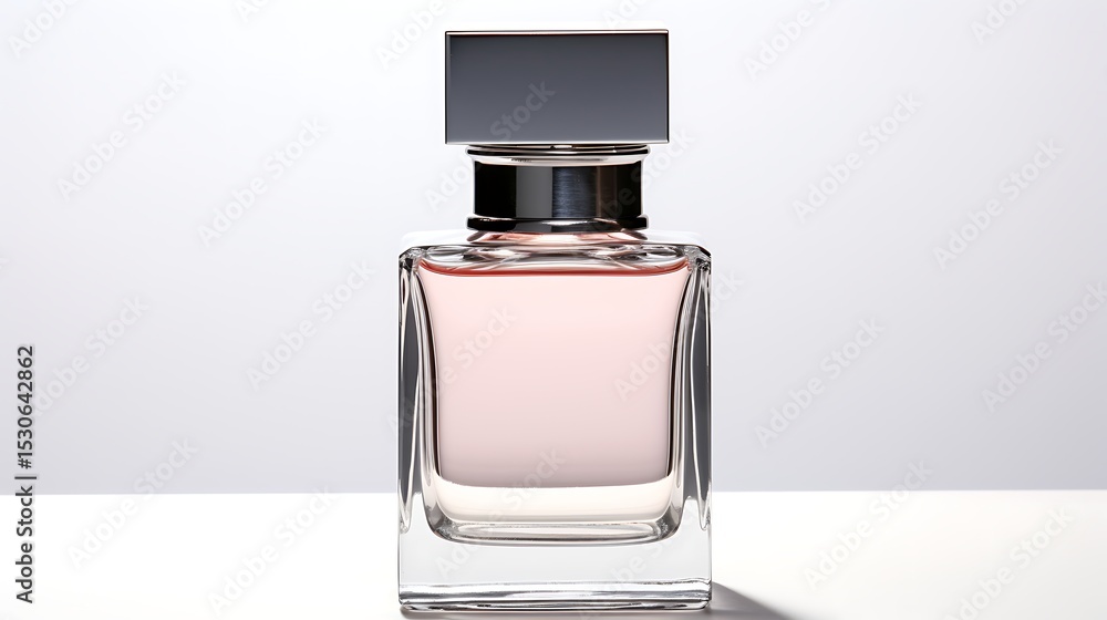 A perfume bottle with a clear glass body and a brushed silver cap, on a split of steel gray and pale pink. A perfume bottle with a clear glass body and a brushed silver cap, on a split of steel gray and pale pink.
