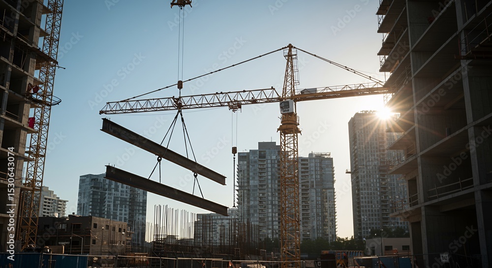 Construction Crane Lifting Metal Beams with City Buildings Background Under Bright Sunlight Construction Crane Lifting Metal Beams with City Buildings Background Under Bright Sunlight
