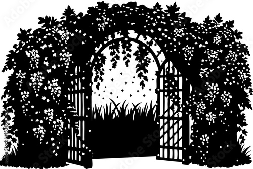 Enchanted Garden Gate A Silhouette Illustration, garden, gate, arch, vines, silhouette, secret, graphics, visual, mysterious, magical, mystery, opening, aesthetic, picture, invitation, arts, way, clip