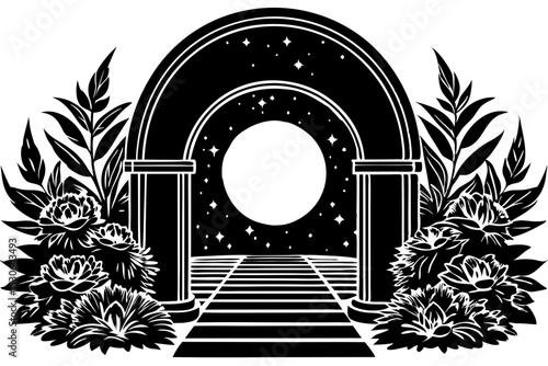 Celestial Archway Mystical Gateway to the Moonlit Night, archway, moon, stars, flowers, gateway, wonder, mystical, moonlight, serene, mystery, tattoo, celestial, spiritual, aesthetic, imagination, orn