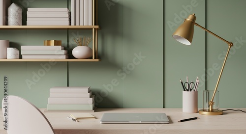 Serene Minimalist Workspace with Gold Desk Lamp and Neutral Tones