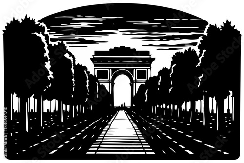 Triumphal Archway Silhouette Elegant Metal Artwork, arch, triumphal, silhouette, metal, artwork, patterns, powerful, visual, shapes, aesthetic, victory, majestic, triumph, picture, lines, perspective