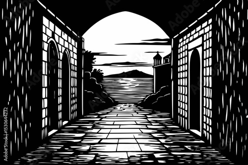 Dramatic Black and White Illustration of a Coastal Alleyway, alleyway, coastal, black, white, seascape, visual, serene, mystery, quiet, escape, picture, monochrome, perspective, peaceful, tranquil, dr