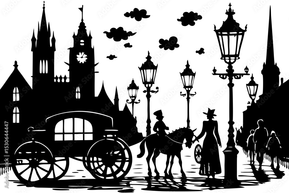 Fototapeta premium Victorian Era Street Scene Horse-Drawn Carriage, Lampposts, and Elegant Figures, victorian, street, carriage, lampposts, figures, nostalgic, aesthetic, picture, gas, sophisticated, atmosphere, shadow,