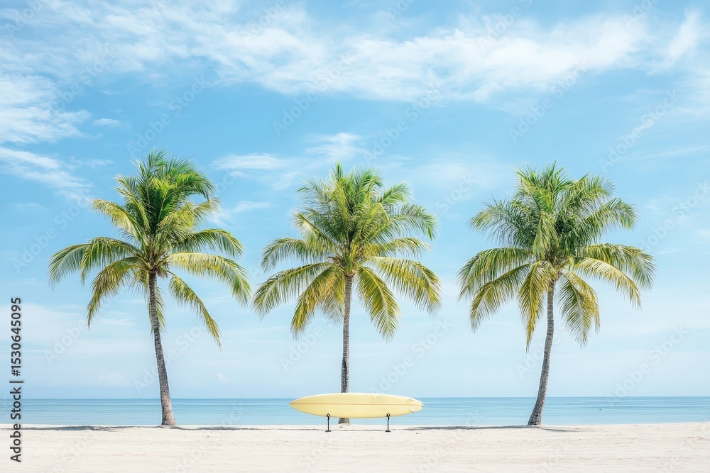 Fototapeta premium A tranquil beach scene with palm trees and a surfboard.