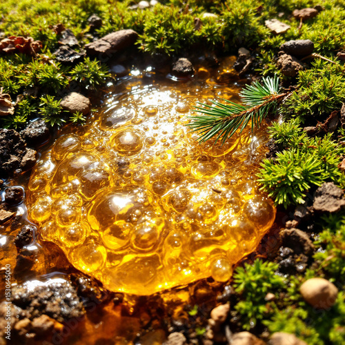 Amber resin on forest moss background