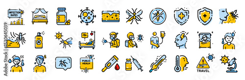 Malaria dengue fever mosquito virus symptoms prevention vector line icons