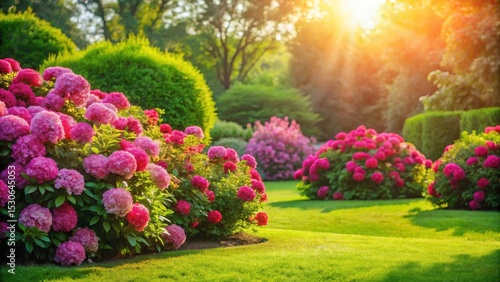Fototapeta Naklejka Na Ścianę i Meble -  Vibrant pink and green floral bushes thrive in a lush summer lawn with lush grass and sun-kissed foliage