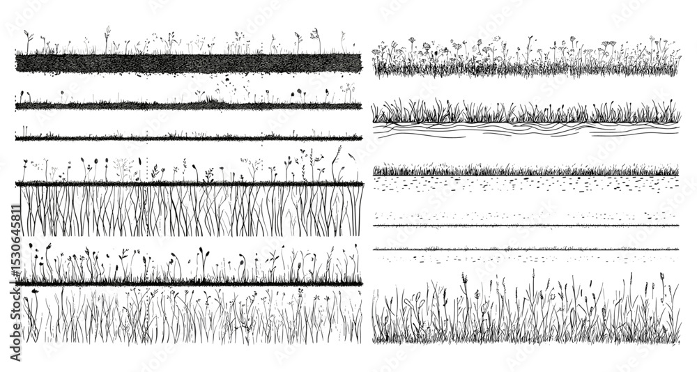 Fototapeta premium cad pattern, forest section, soil layer, lawn texture, line art, grass background, architecture vector illustration, landscape drawing, nature elements, ground surface, earth design.
