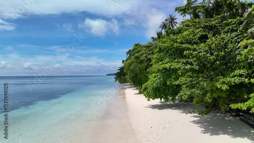 Tropical beach and turquoise water meeting lush vegetation in raja ampat