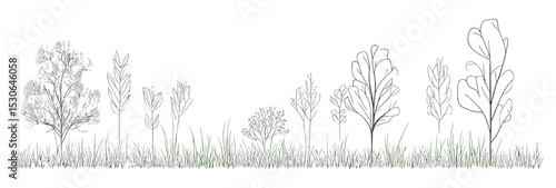 Line Drawings in Minimal Style, Vector Illustration for Landscape Design Boarders, Garden Planning Icons, Architecture Layout Symbols, terrain concept elements, blueprint, transparent background.