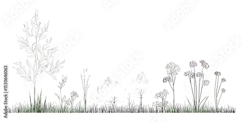 Minimal Line Drawings for Landscape Design, Vector Illustration, Style Elements for Boarder Layout, Garden Plan Symbols, Architecture Draft Set, cutout, construction site sketch.