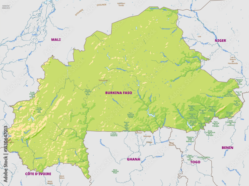Fototapeta premium Detailed physical map of Burkina Faso