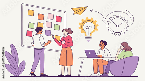 Illustration of a team brainstorming ideas with sticky notes, laptop, lightbulb, and paper airplane icon