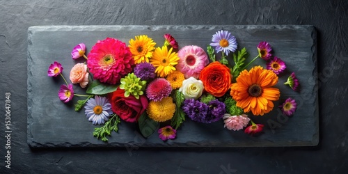 Vibrant colorful flowers arranged artfully on a black slate tray with elegant simplicity and subtle texture