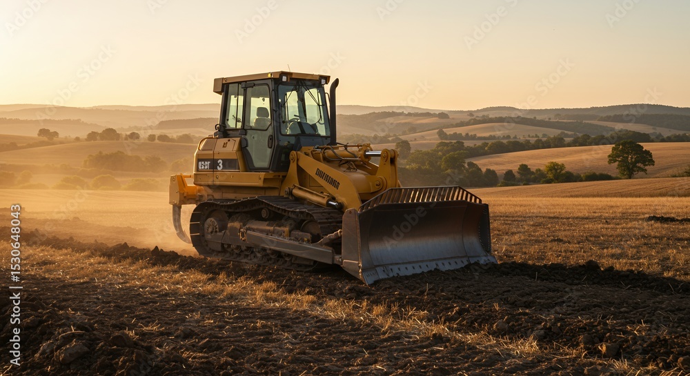 Fototapeta premium Yellow Bulldozer Pushing Soil in Rural Field at Sunset Under Golden Sky Rolling Hills Landscape in Agriculture and Construction Earthmoving
