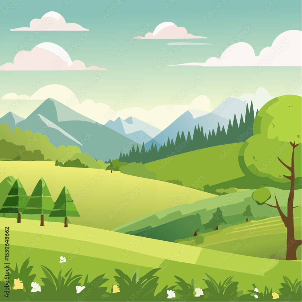 Naklejka premium Serene Green Mountain Valley A Picturesque Landscape Illustration