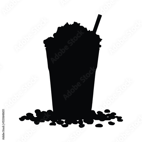 Caramel macchiato silhouette with whipped cream and coffee beans isolated on white background