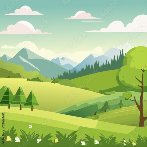 Serene Green Mountain Valley A Picturesque Landscape Illustration