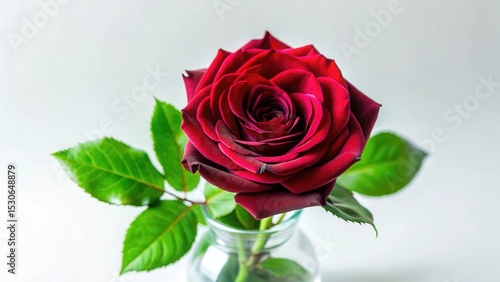 A dark red rose with lush green leaves and delicate petals unfolding in a vase against a soft white background