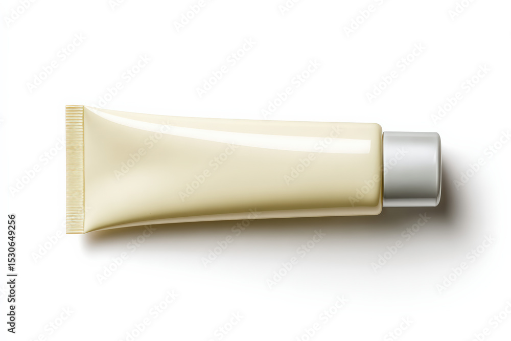 Smooth, light colored tube of sunscreen is displayed horizontally against clean white background, emphasizing its sleek design and practical use for sun protection Smooth, light colored tube of sunscreen is displayed horizontally against clean white background, emphasizing its sleek design and practical use for sun protection