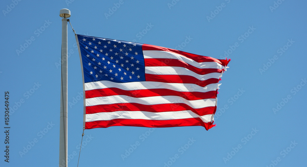 Fototapeta premium The American flag waving proudly against a clear, cloudless blue sky.