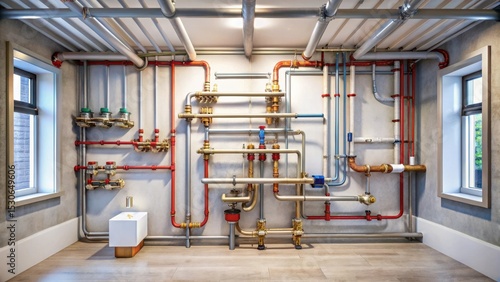 Detailed sanitary installation for a single-family house with various pipes and fittings