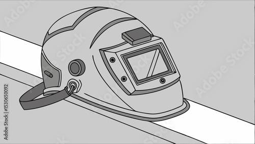 Illustration of a welding helmet with a rectangular viewing window resting on a surface in grayscale
