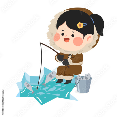 Cartoon Girl Ice Fishing Illustration