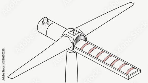 Illustration of a wind turbine with three blades and a cutaway view of the internal components shown