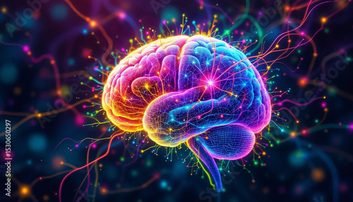 Colorful Abstract Brain with Complex Neural Network Vibrant Synaptic Connections, Dynamic Cerebral Cortex, Digital Illustration of Human Cognition and Neuroscience