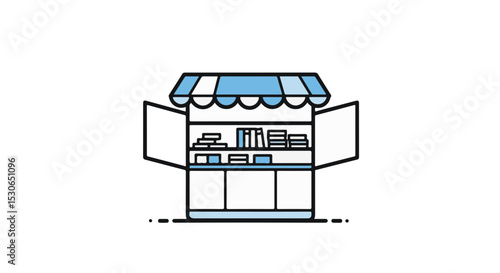 A simplified illustration of a shop with a blue and white awning, filled with various products.