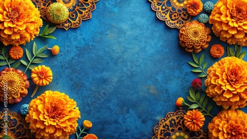 Vibrant marigold flowers in a blue background with intricate traditional Indian and Mexican Day of the Dead patterns surrounding them