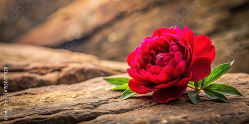 Fleur rouge pivoine rose sur pierre brune