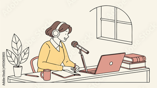 Illustration of a woman with headphones recording a podcast at a desk with a laptop and microphone setup