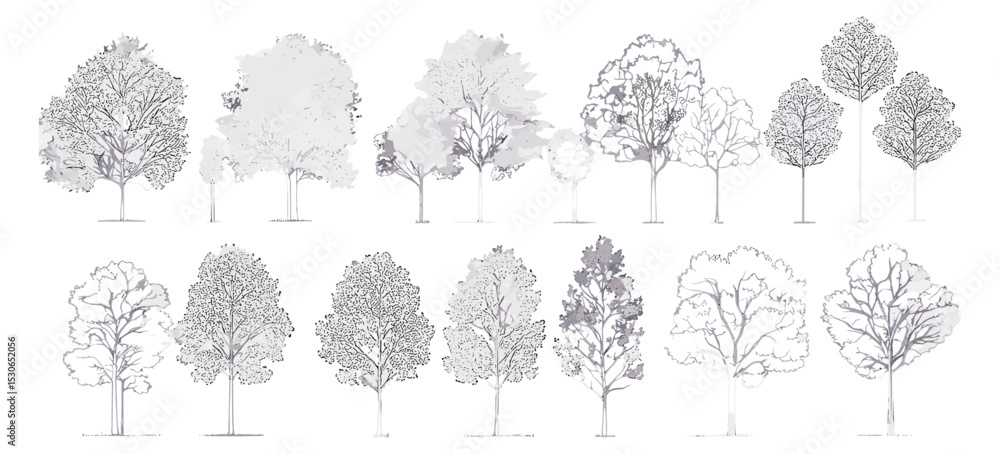 Set of trees elements in cad drawing, minimal line art, landscape symbol, vector illustration, background architecture, foliage outline, modern trees, linework, cutout.