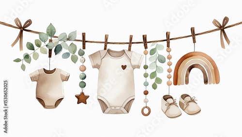 Charming Watercolor Baby Shower Banner Design with Eucalyptus Leaves, Clothes, and Montessori-Inspired Wooden Teething Toys for a Gentle Theme.
