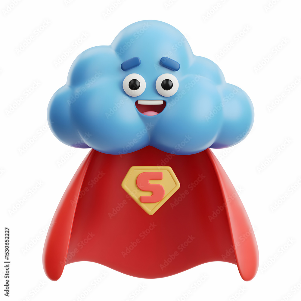 Fototapeta premium Happy Blue Cloud Superhero Cartoon Character Red Cape