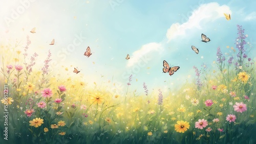 Spring meadow with butterflies background