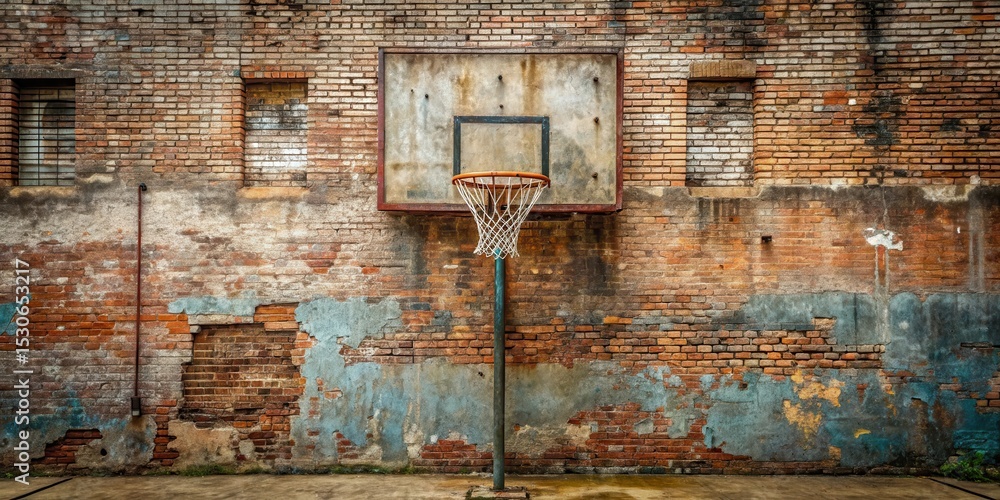 Naklejka premium A weathered basketball hoop stands atop an old brick wall