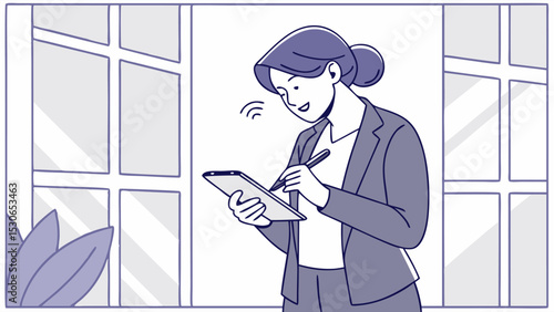 Woman in suit using tablet with stylus near window and plant in a bright office environment indoors