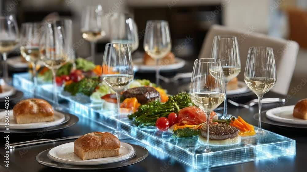 Gourmet Dining: A beautifully set table with gourmet food and sparkling glasses, a scene of culinary delight and luxurious elegance. Gourmet Dining: A beautifully set table with gourmet food and sparkling glasses, a scene of culinary delight and luxurious elegance.